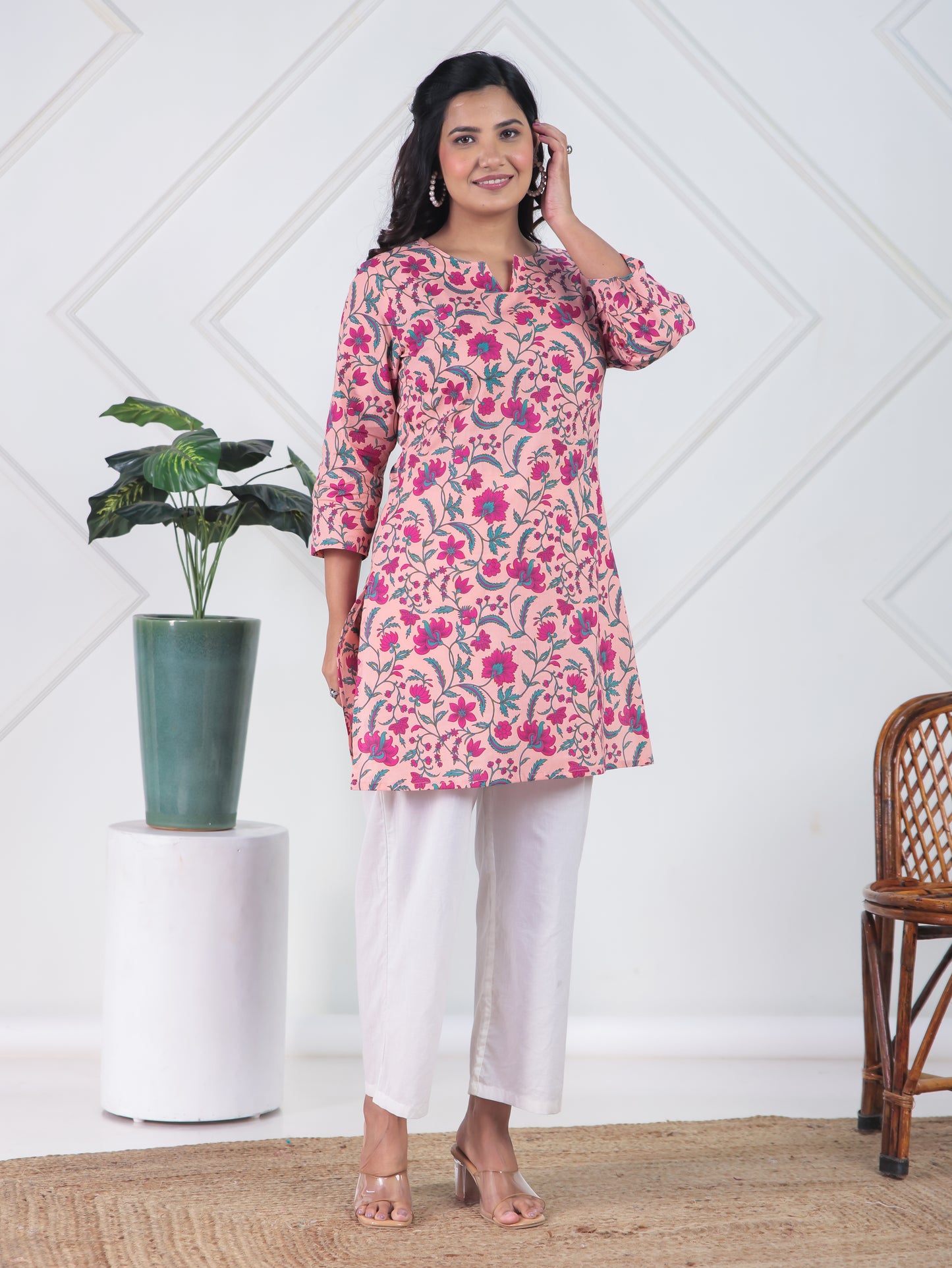 Soft Cotton Floral Straight Peach Kurta