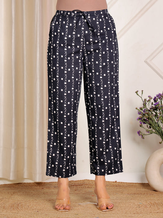 Soft Cotton Geometric Navy Blue Straight Trousers