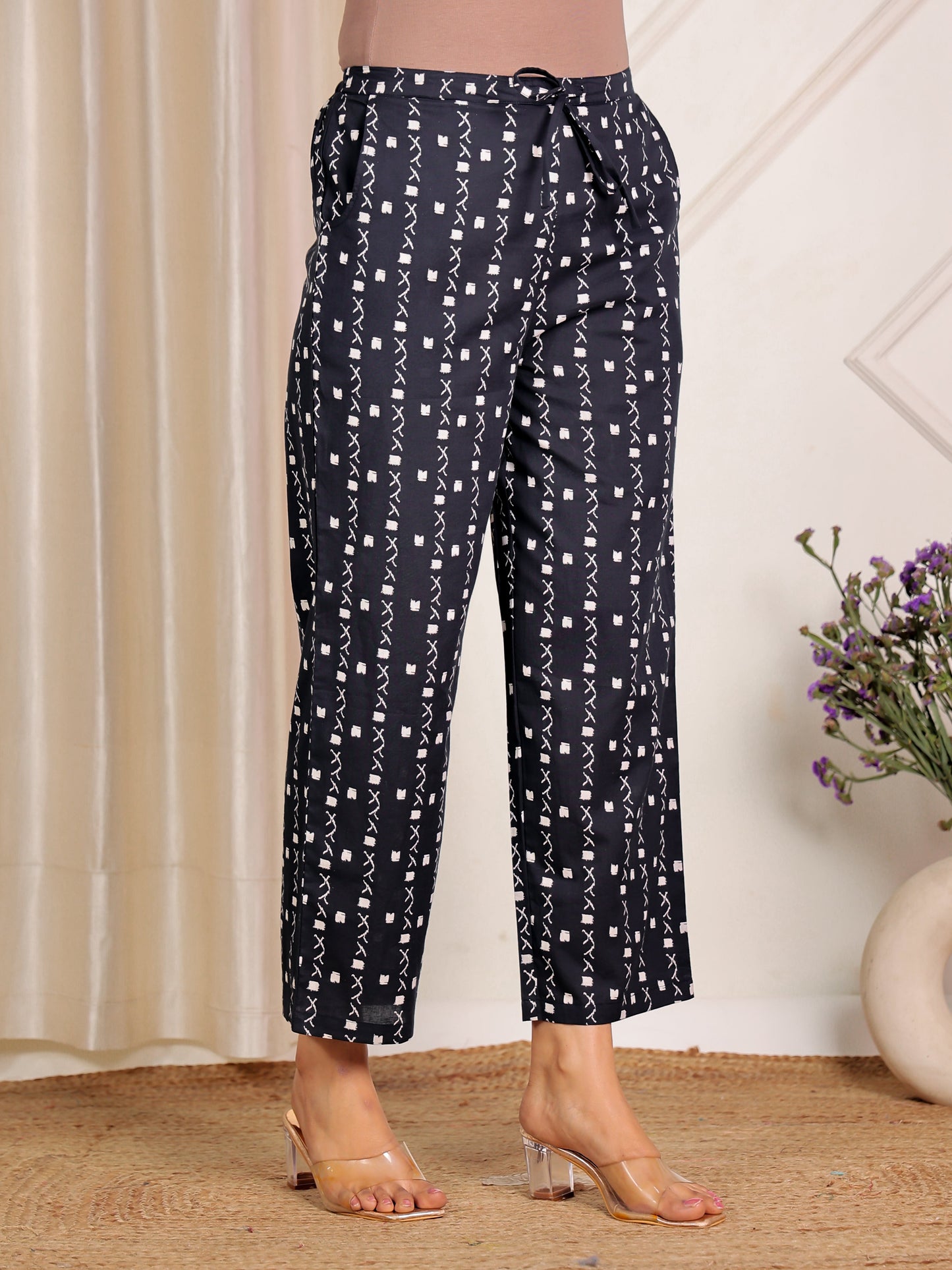 Soft Cotton Geometric Navy Blue Straight Trousers