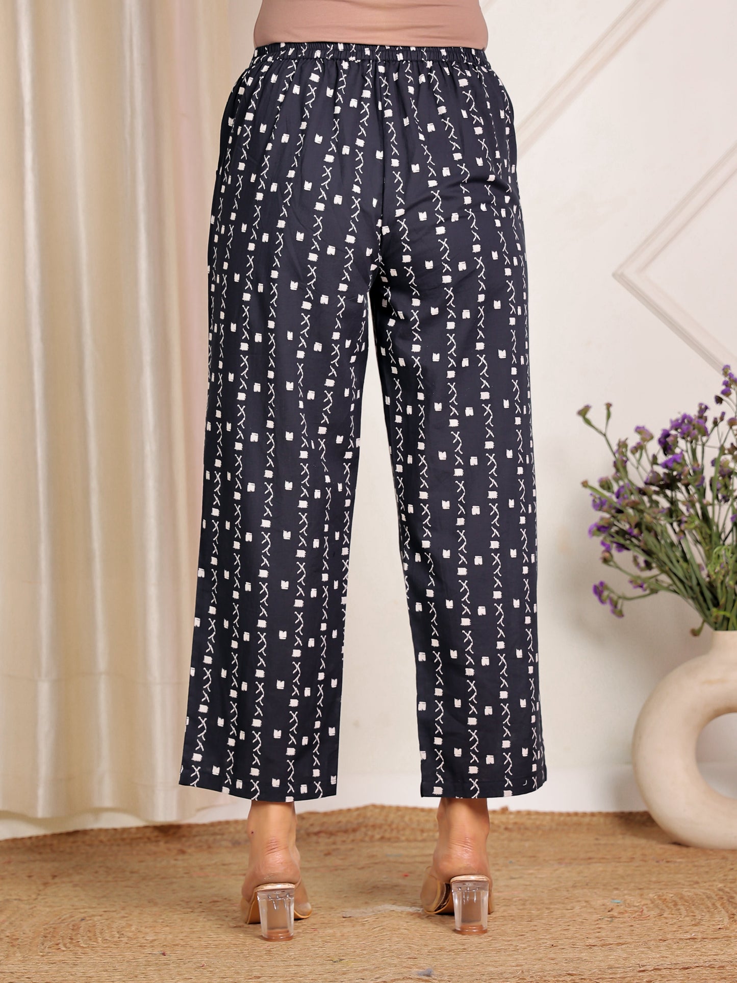 Soft Cotton Geometric Navy Blue Straight Trousers