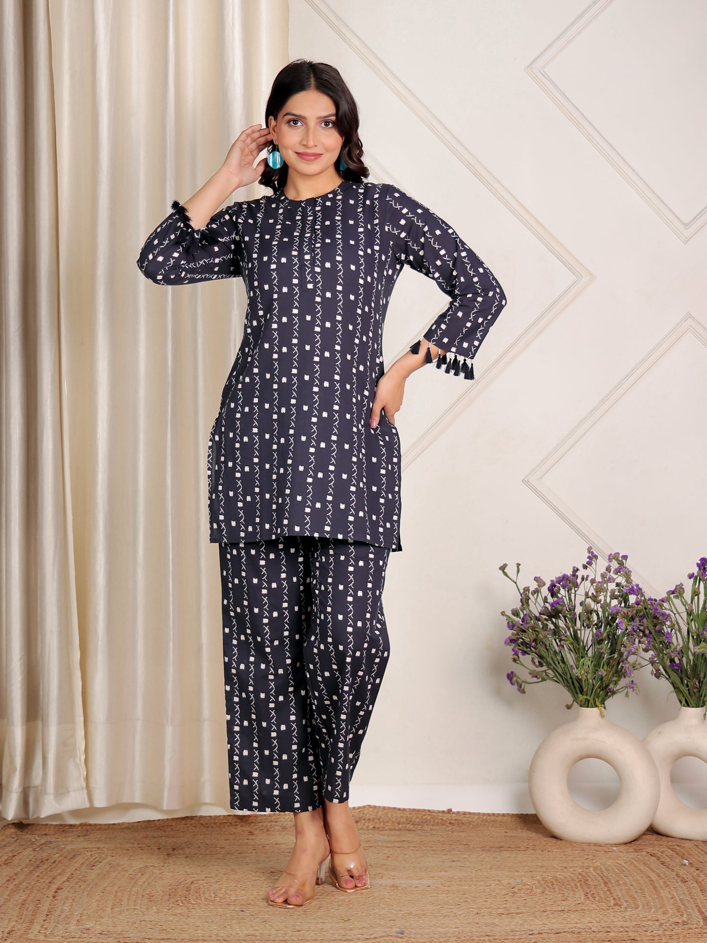 Soft Cotton Geometric Straight Navy Blue Kurta