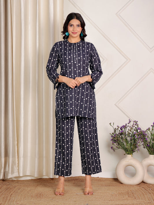 Soft Cotton Geometric Straight Navy Blue Kurta