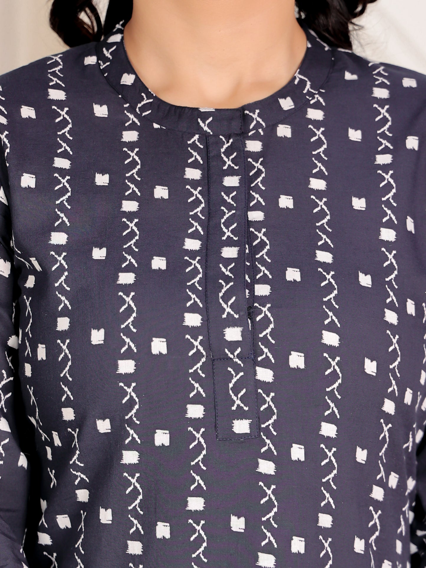 Soft Cotton Geometric Straight Navy Blue Kurta