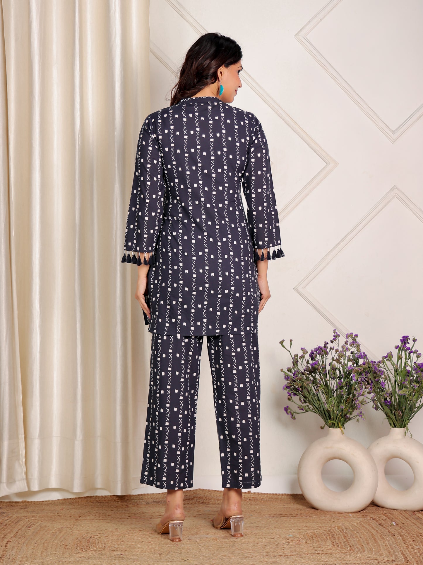 Soft Cotton Geometric Straight Navy Blue Kurta