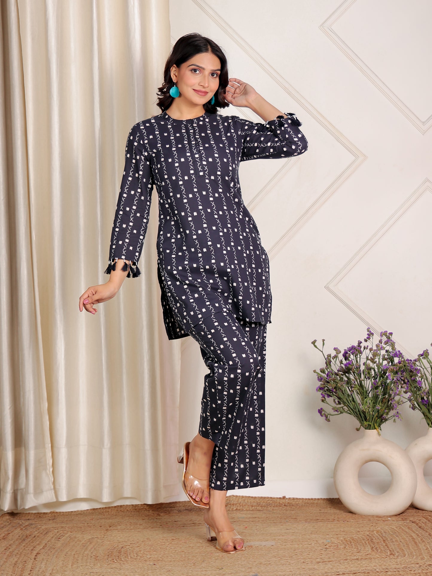 Soft Cotton Geometric Straight Navy Blue Kurta
