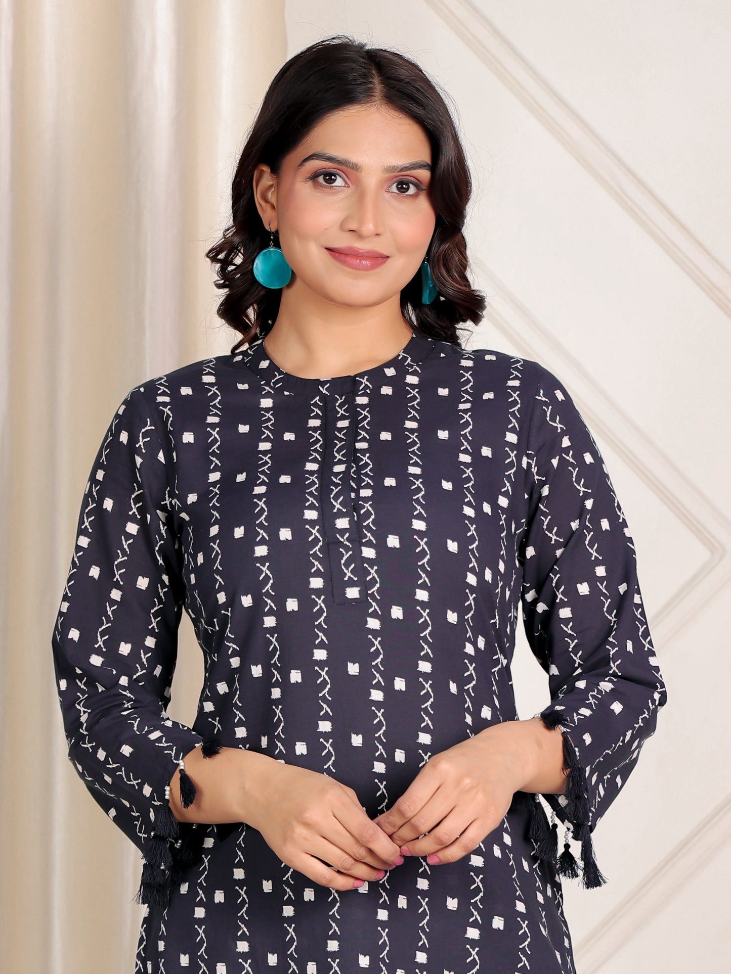 Soft Cotton Geometric Straight Navy Blue Kurta