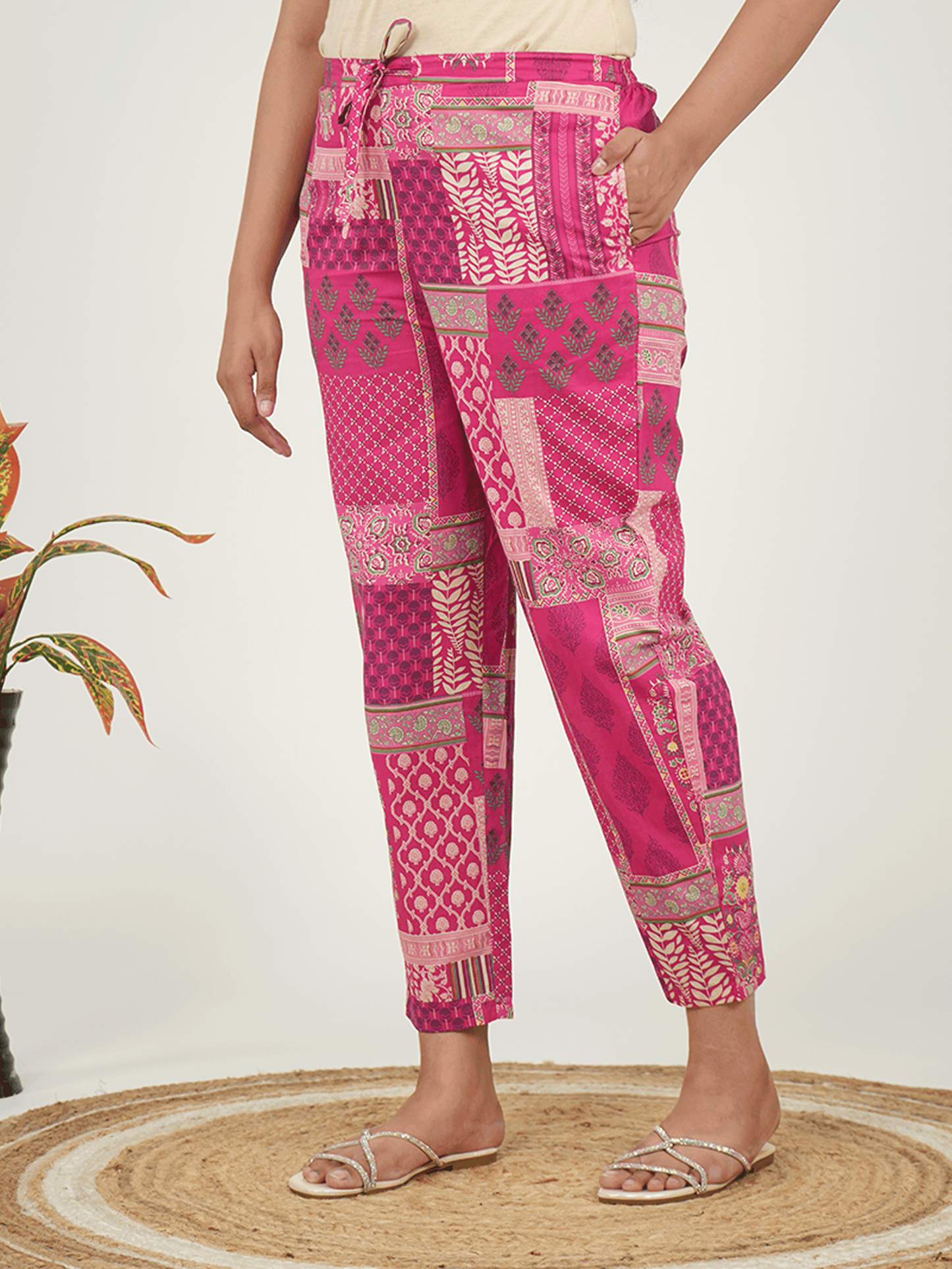 Soft Cotton Patchwork Pink Tapered Trousers
