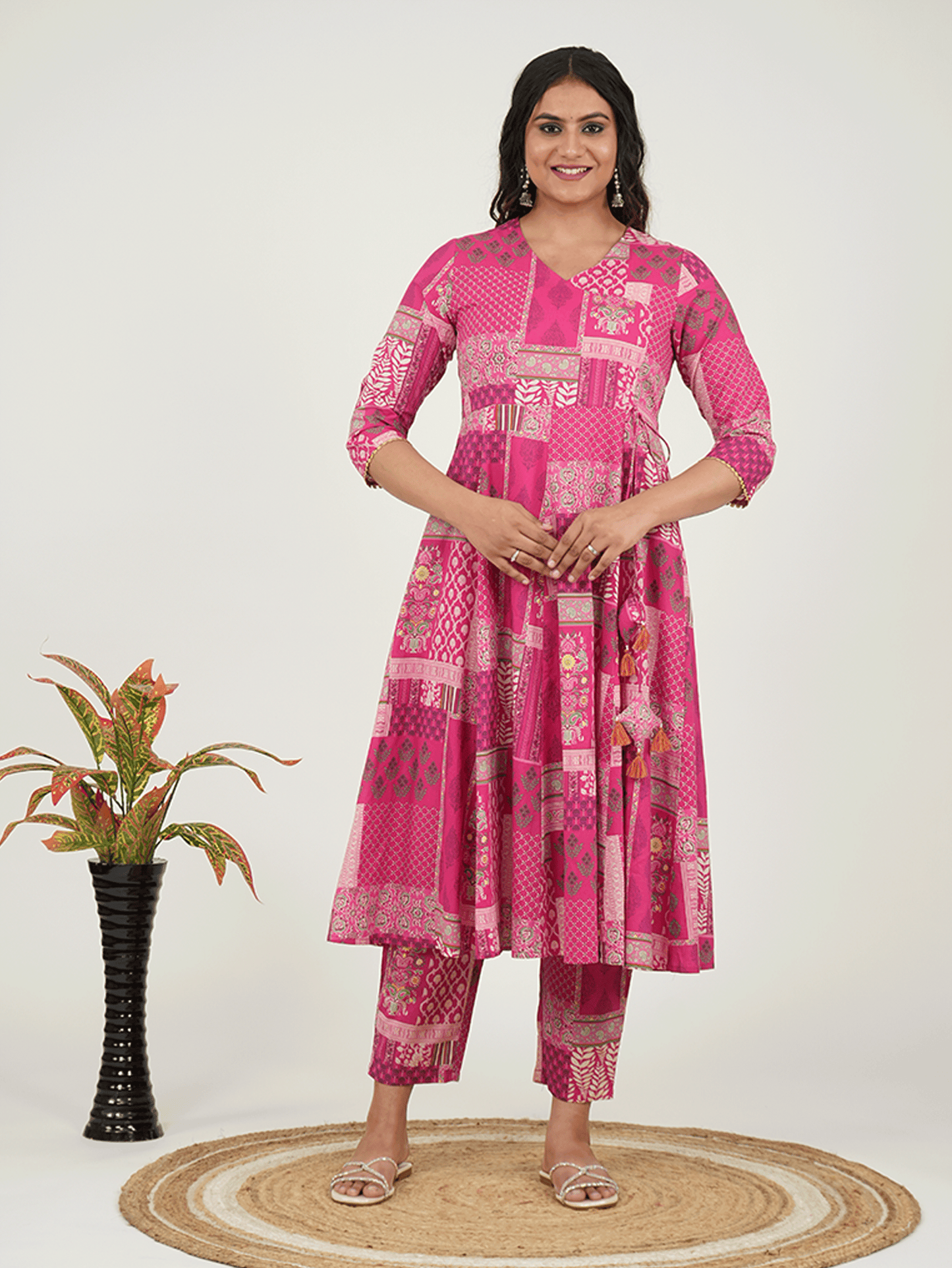 Soft Cotton Patchwork Angrakha Pink Kurta