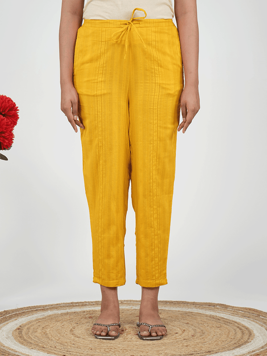 Cotton Dobby Solid Yellow Tapered Trousers