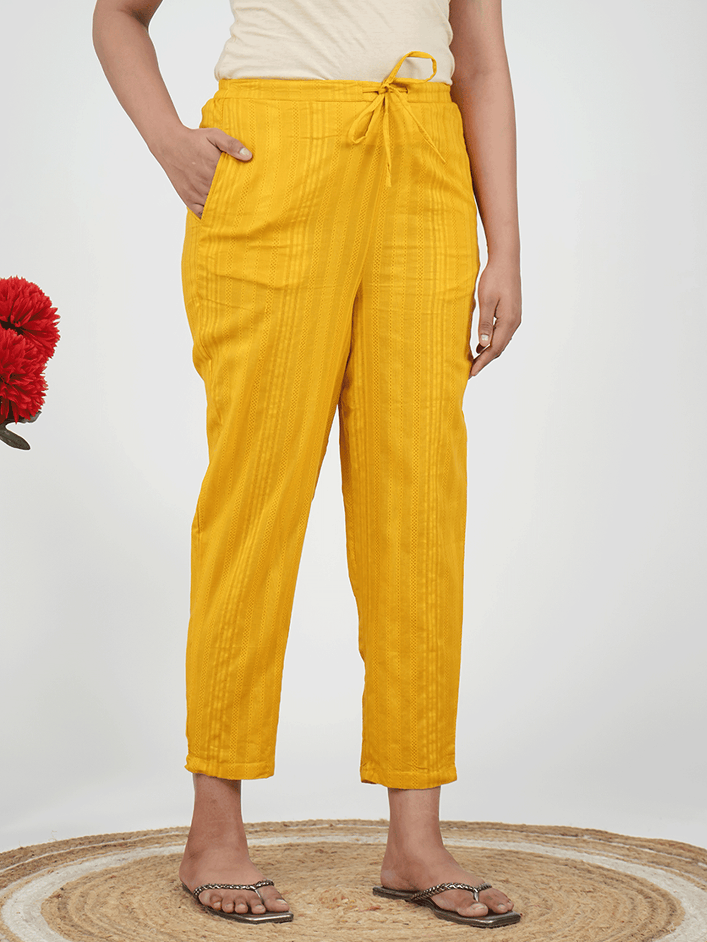 Cotton Dobby Solid Yellow Tapered Trousers