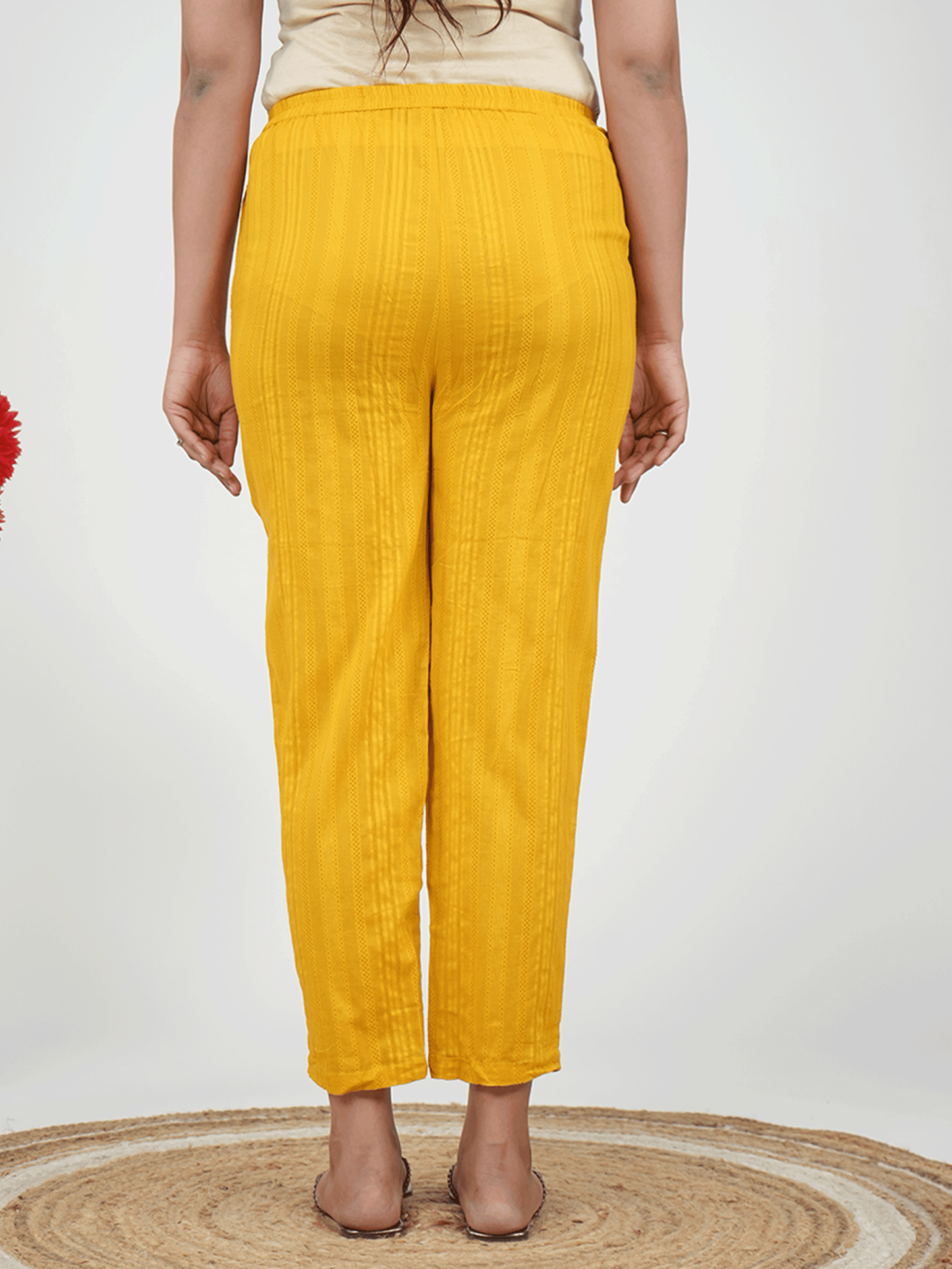 Cotton Dobby Solid Yellow Tapered Trousers