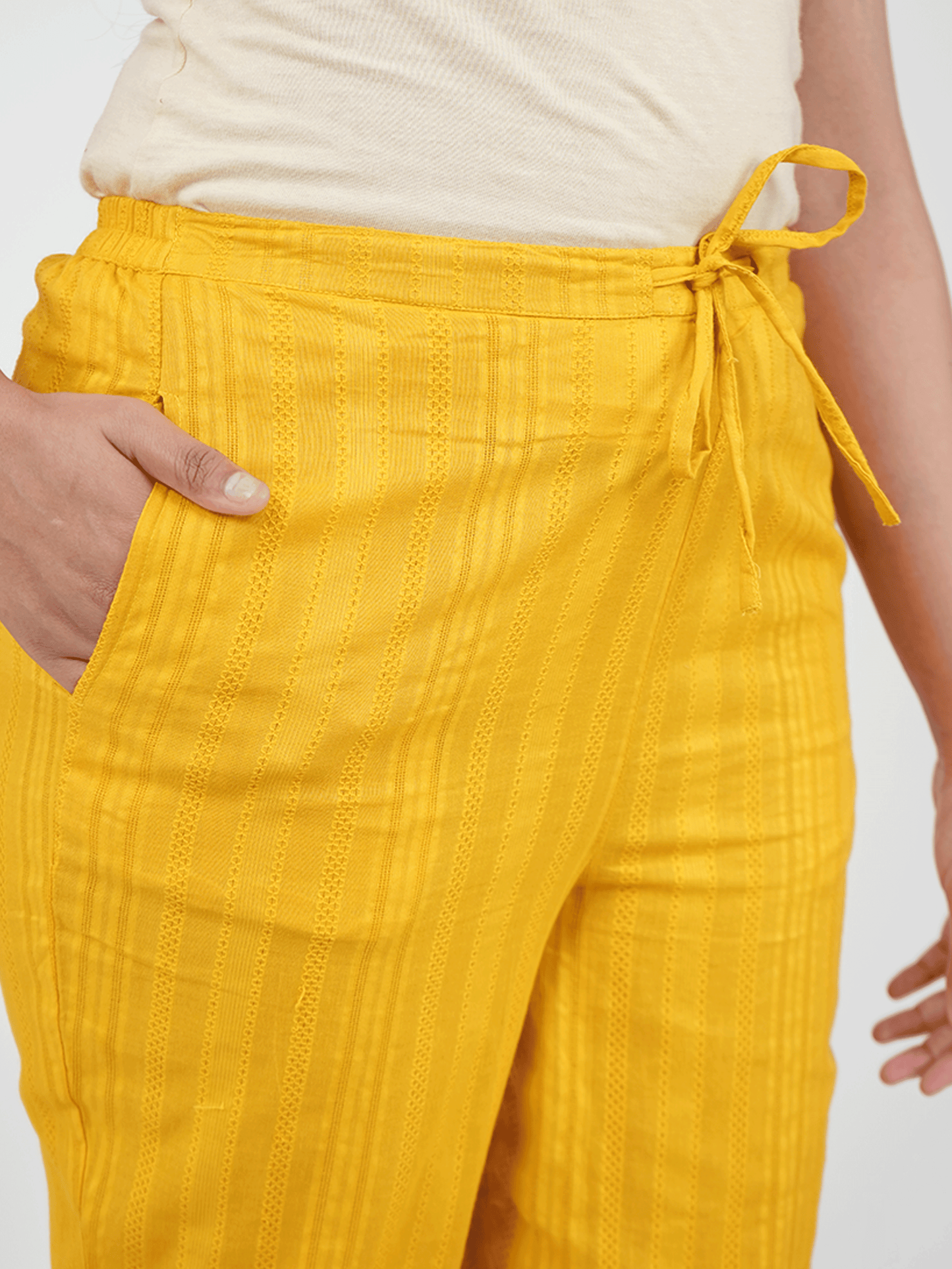 Cotton Dobby Solid Yellow Tapered Trousers