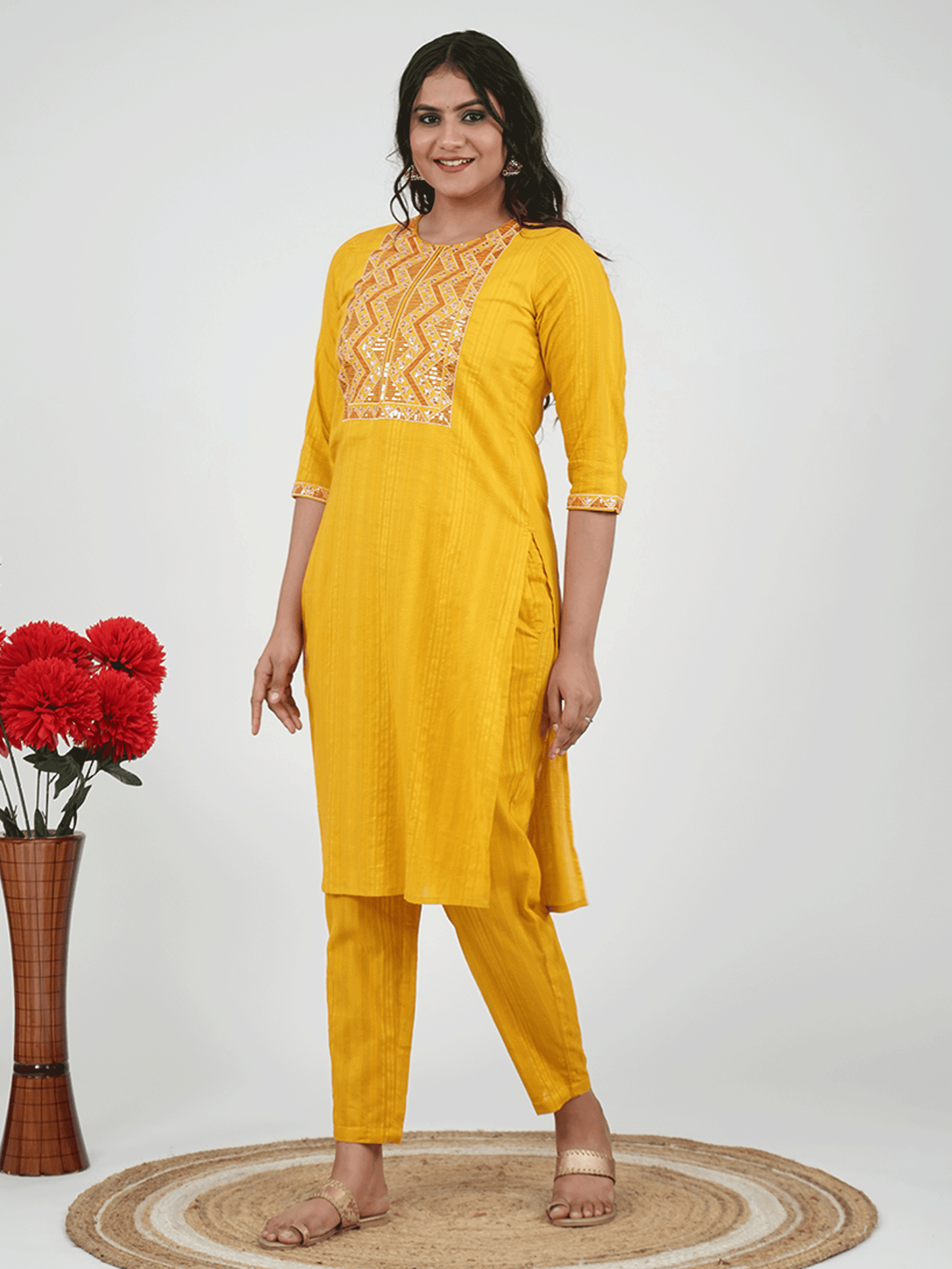 Embroidered Cotton Dobby Solid Yellow Kurta