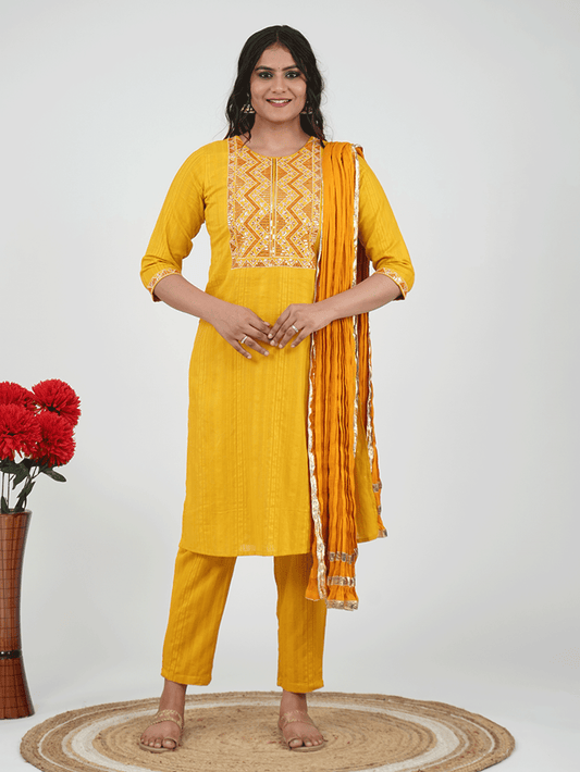 Embroidered Cotton Dobby Solid Yellow Kurta