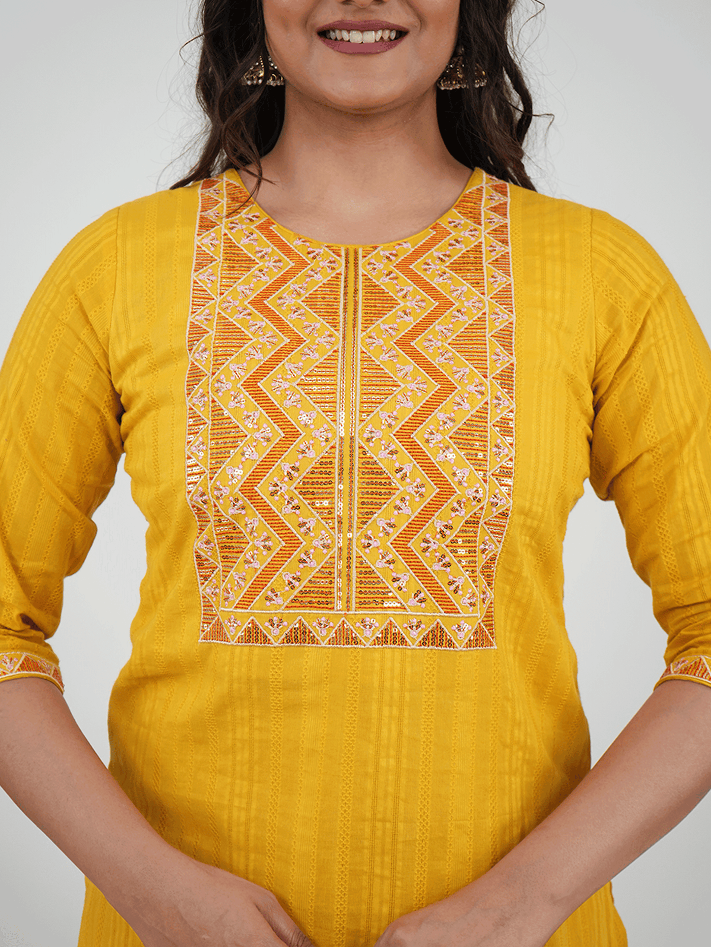 Embroidered Cotton Dobby Solid Yellow Kurta