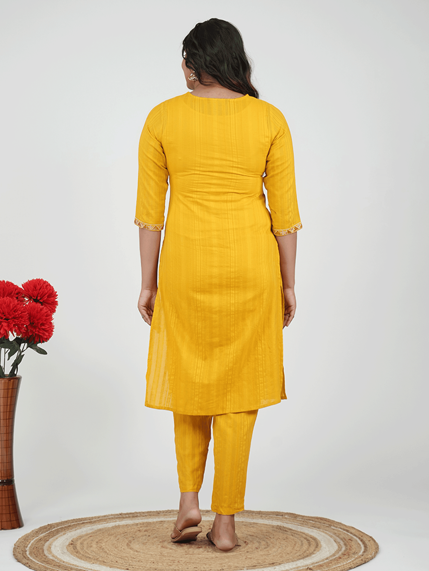 Embroidered Cotton Dobby Solid Yellow Kurta