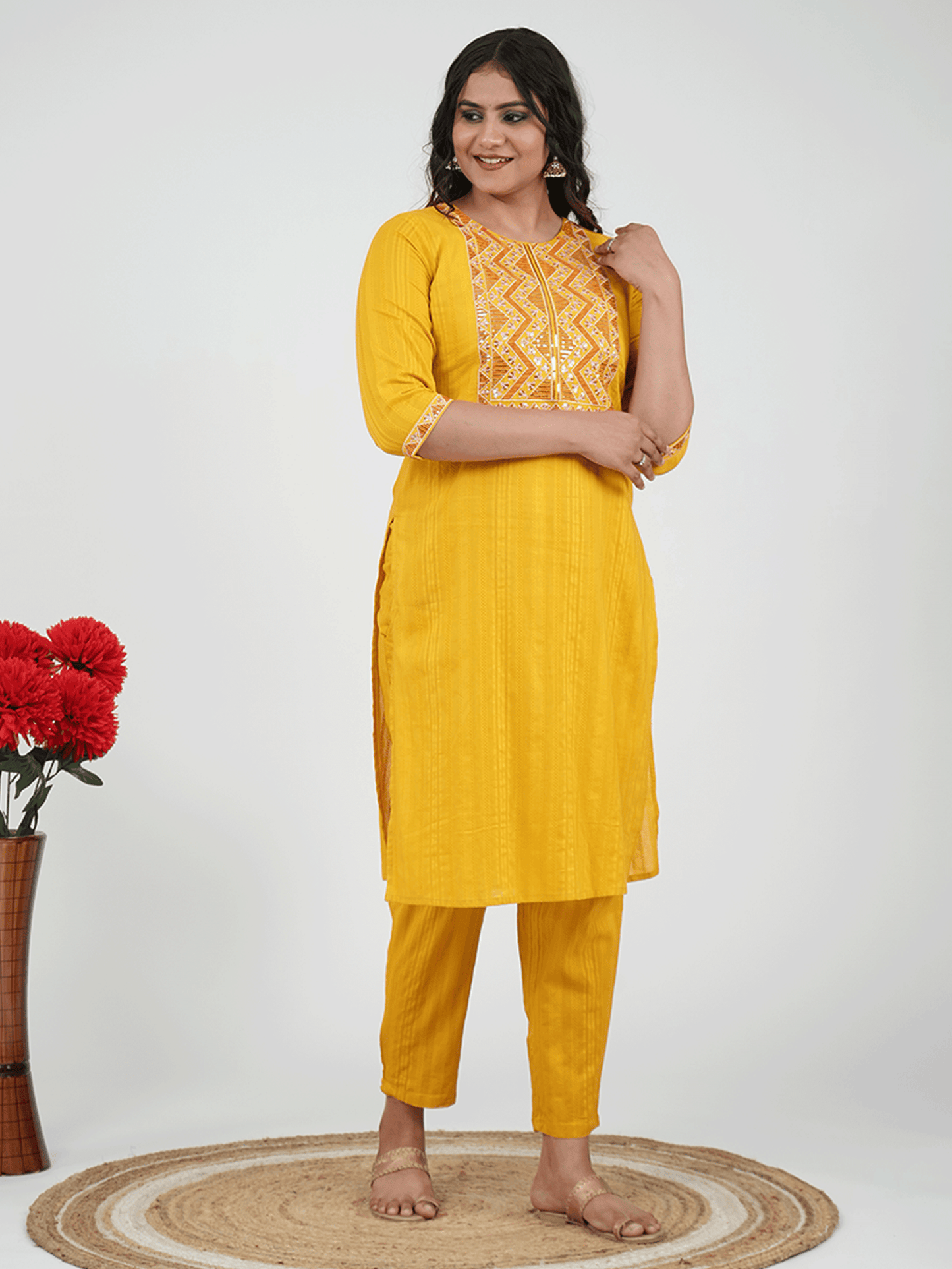 Embroidered Cotton Dobby Solid Yellow Kurta