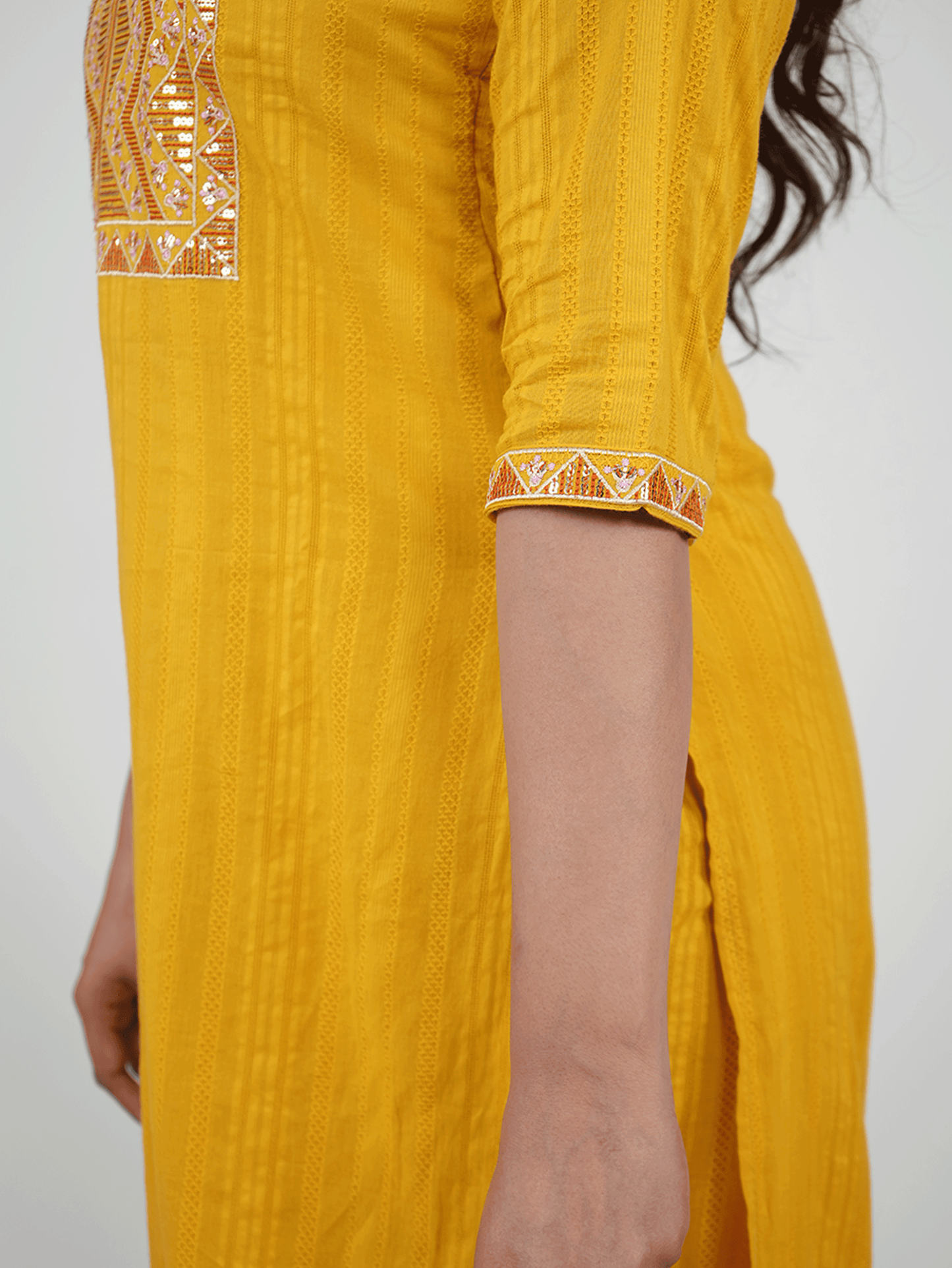Embroidered Cotton Dobby Solid Yellow Kurta
