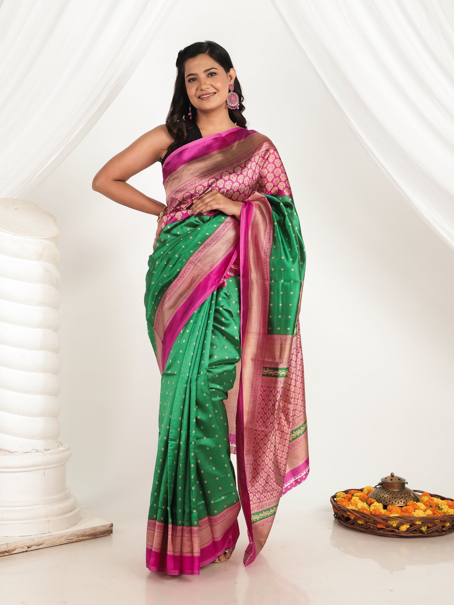 Self Design Banarasi Silk Emerald Green Saree