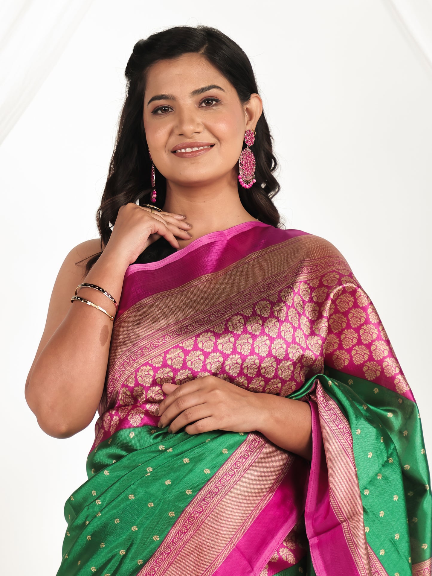 Self Design Banarasi Silk Emerald Green Saree