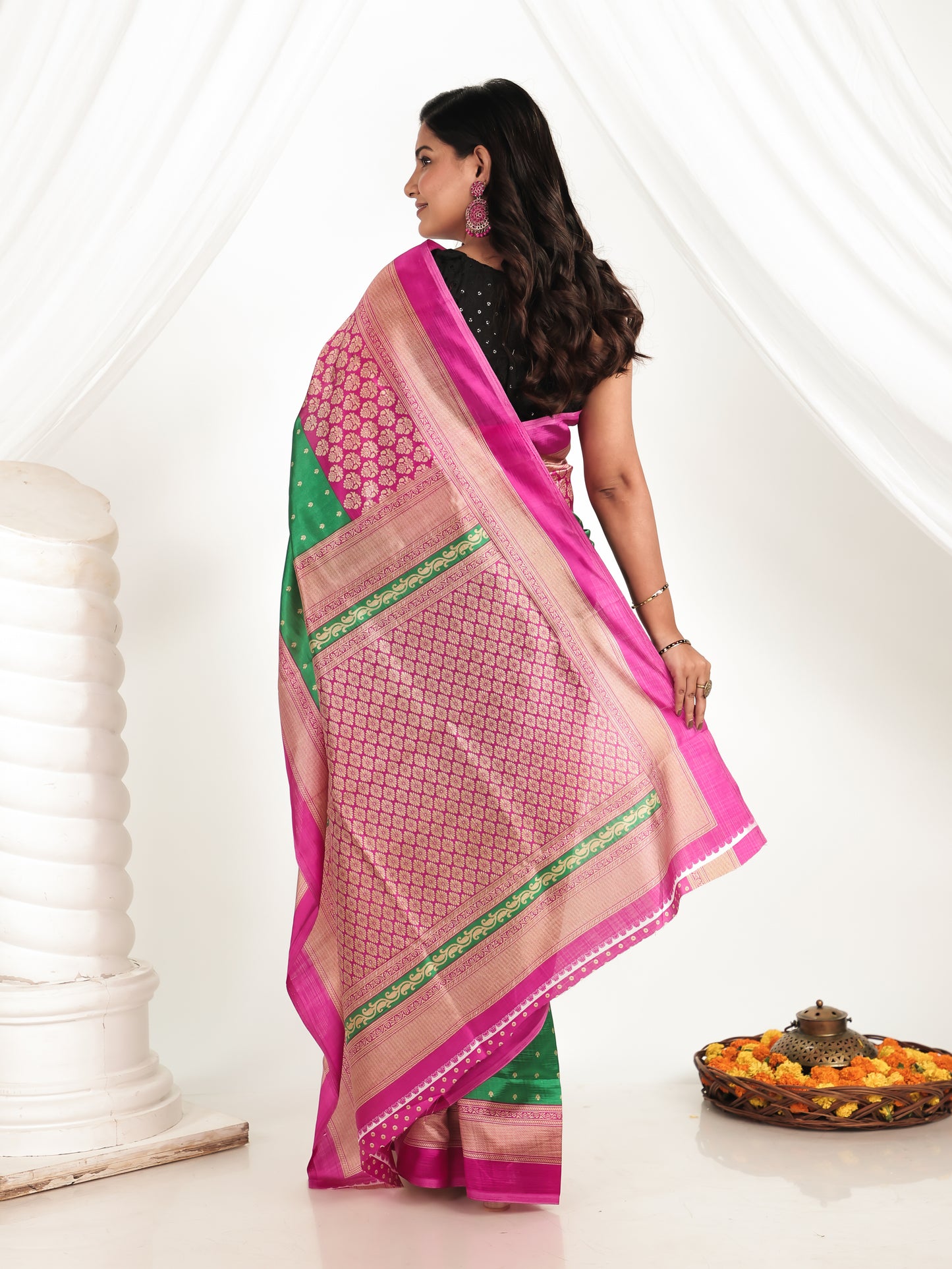 Self Design Banarasi Silk Emerald Green Saree