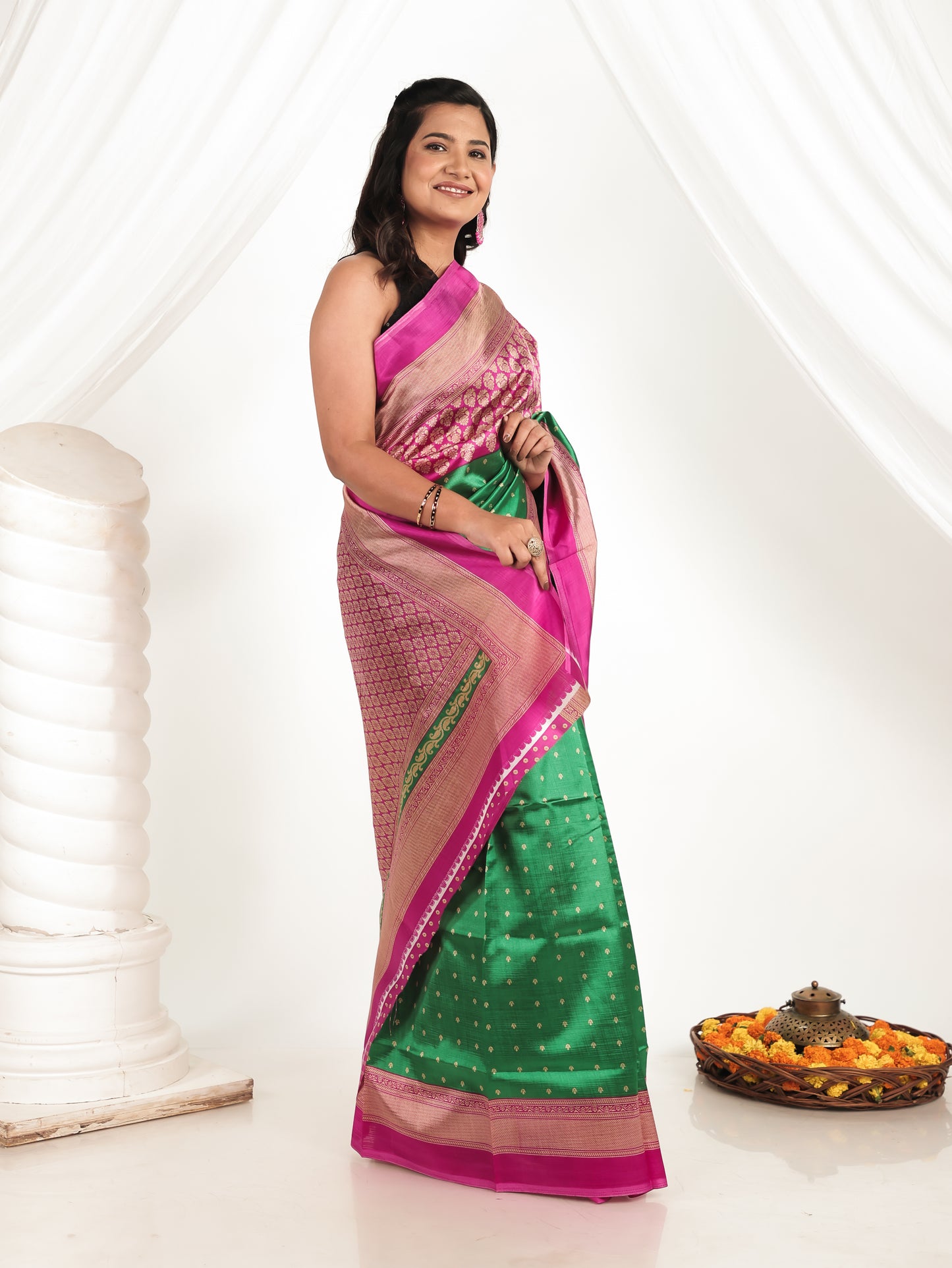 Self Design Banarasi Silk Emerald Green Saree