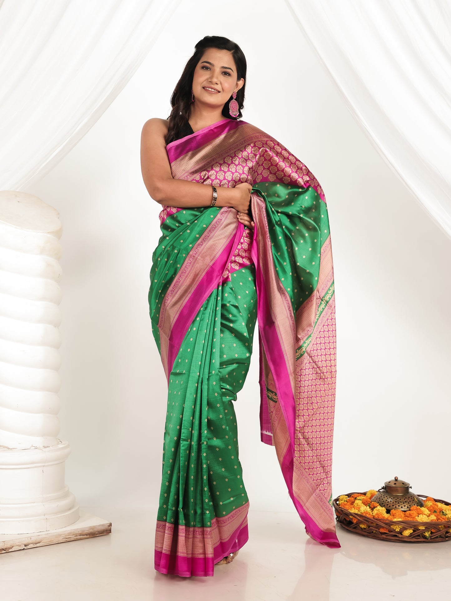 Self Design Banarasi Silk Emerald Green Saree