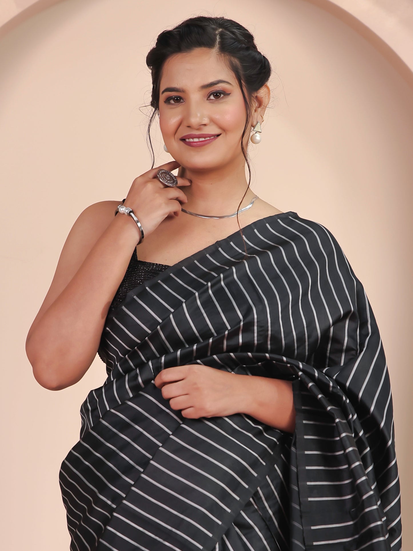 Chanderi Striped Black Saree