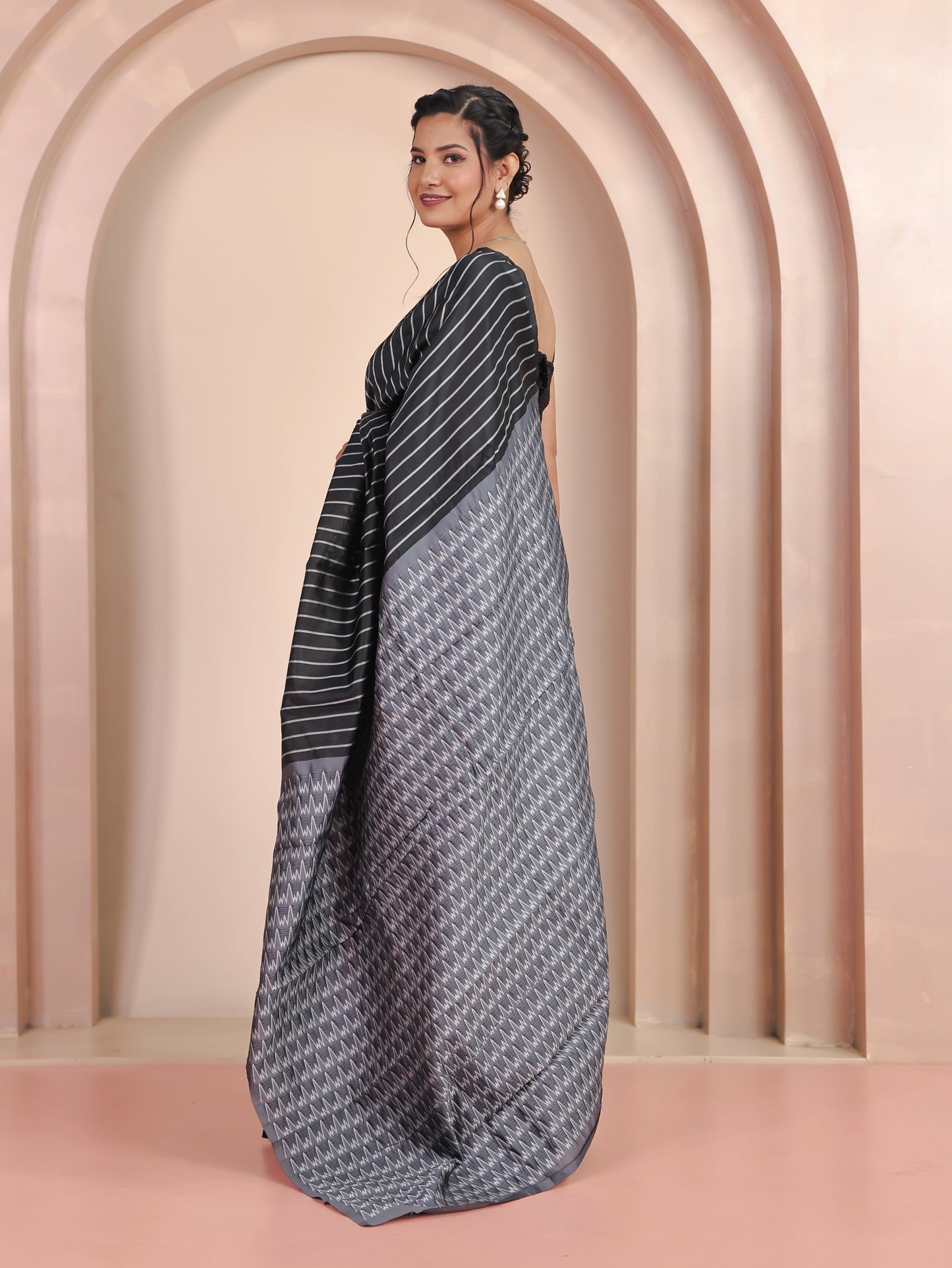 Chanderi Striped Black Saree