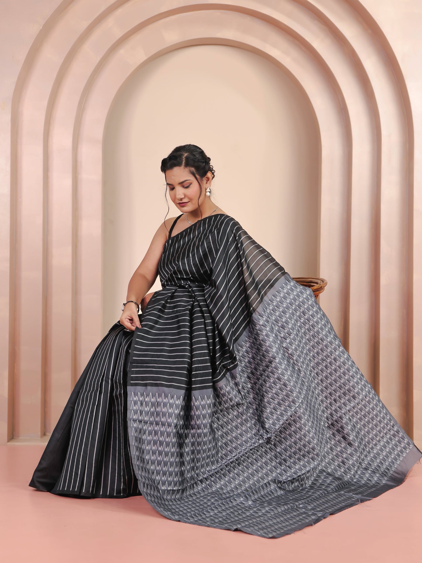 Chanderi Striped Black Saree
