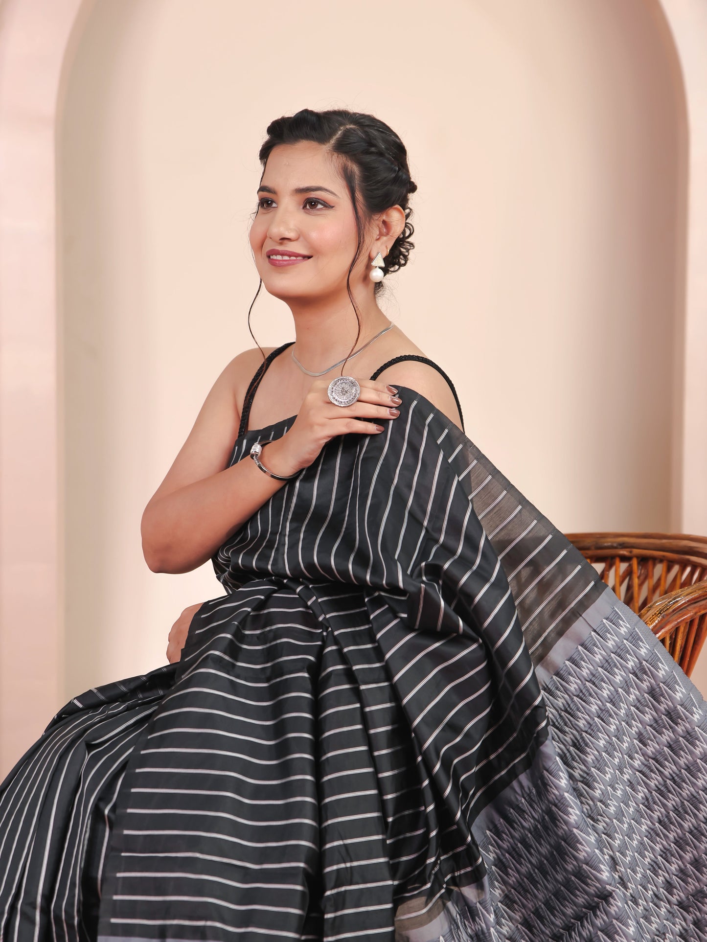 Chanderi Striped Black Saree