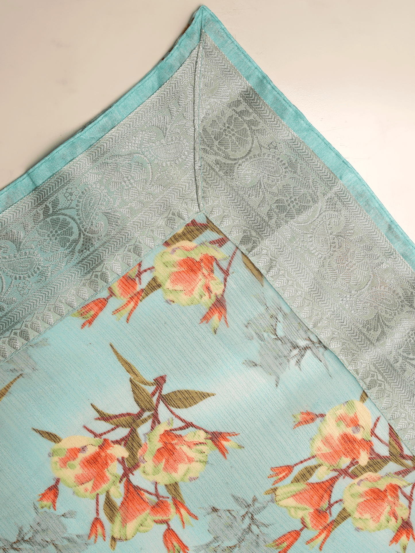 Chiffon Floral Turquoise Blue Saree