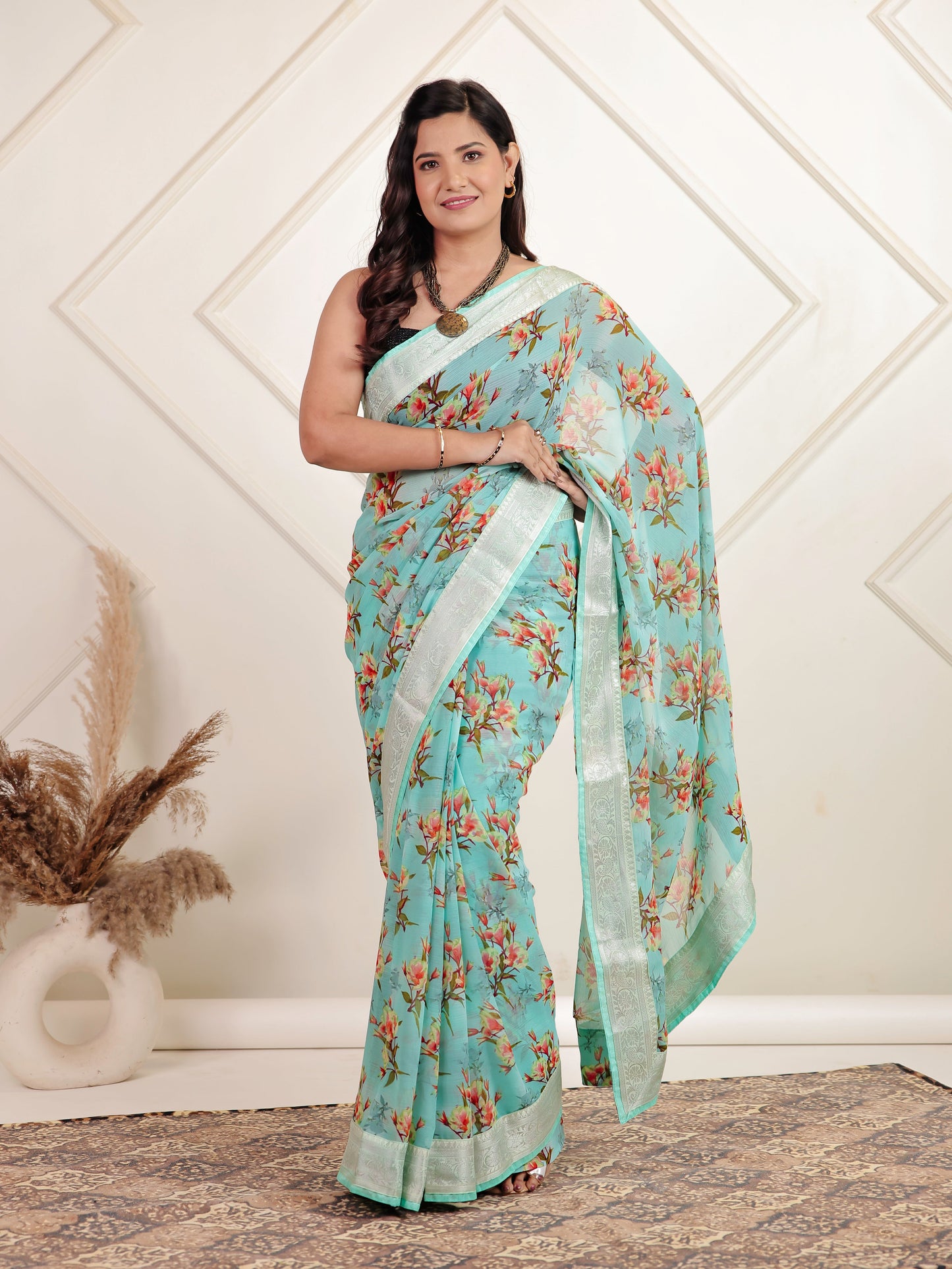 Chiffon Floral Turquoise Blue Saree
