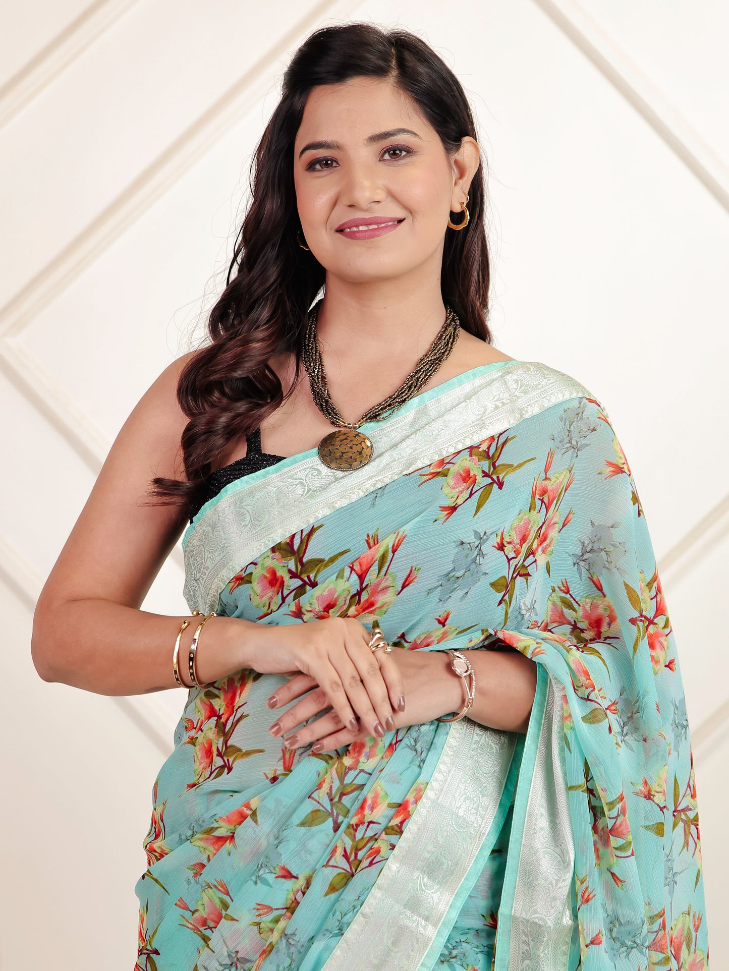 Chiffon Floral Turquoise Blue Saree