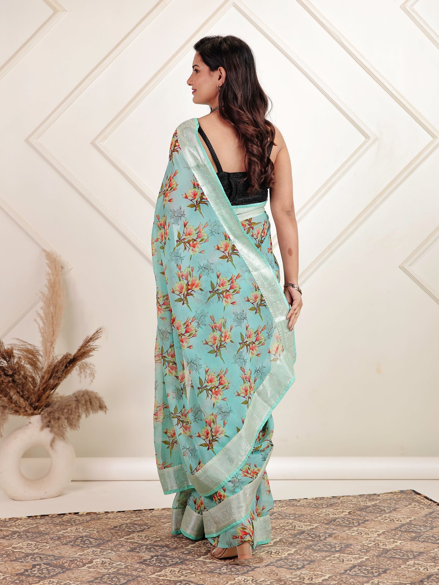 Chiffon Floral Turquoise Blue Saree