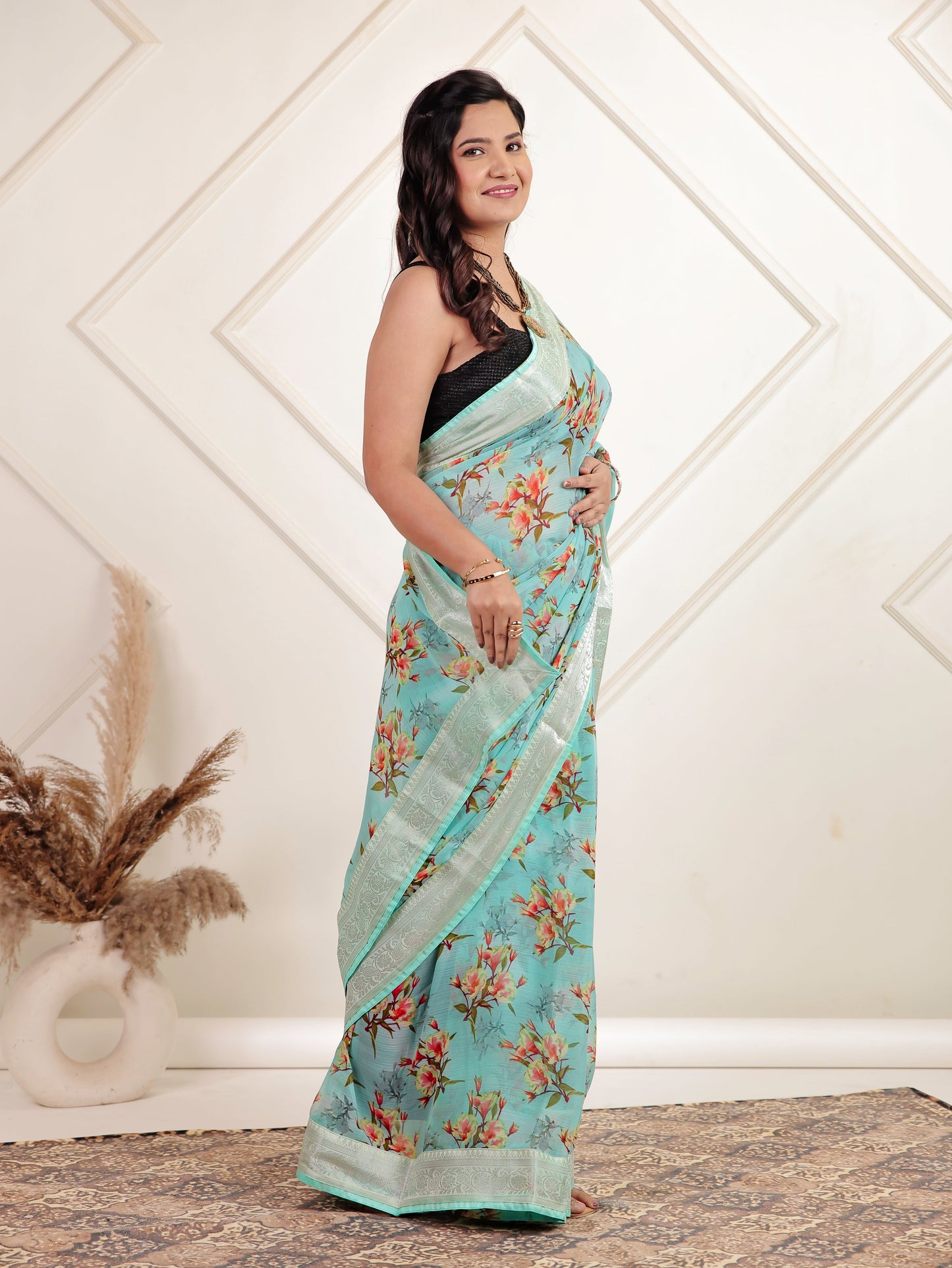 Chiffon Floral Turquoise Blue Saree