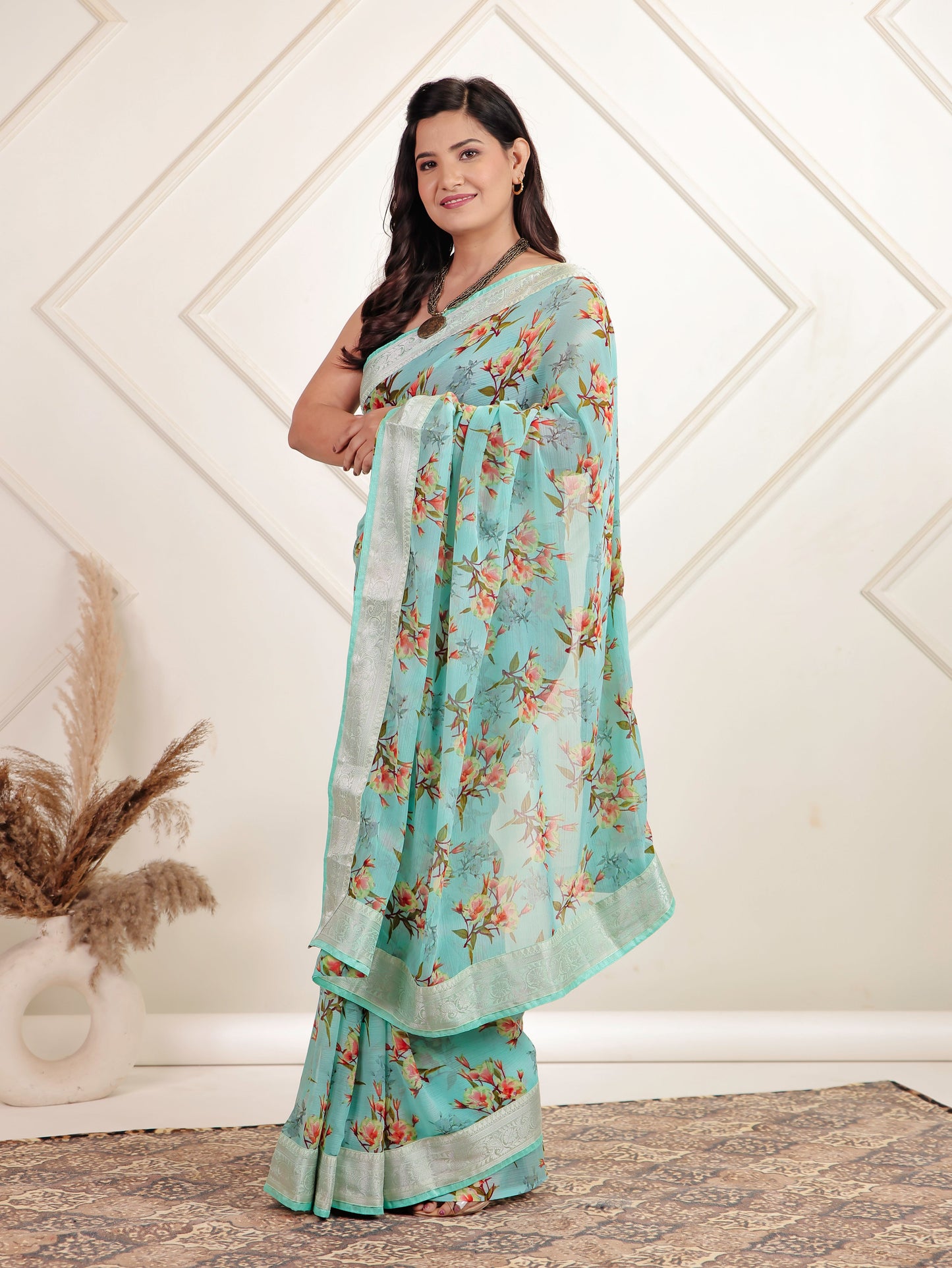 Chiffon Floral Turquoise Blue Saree