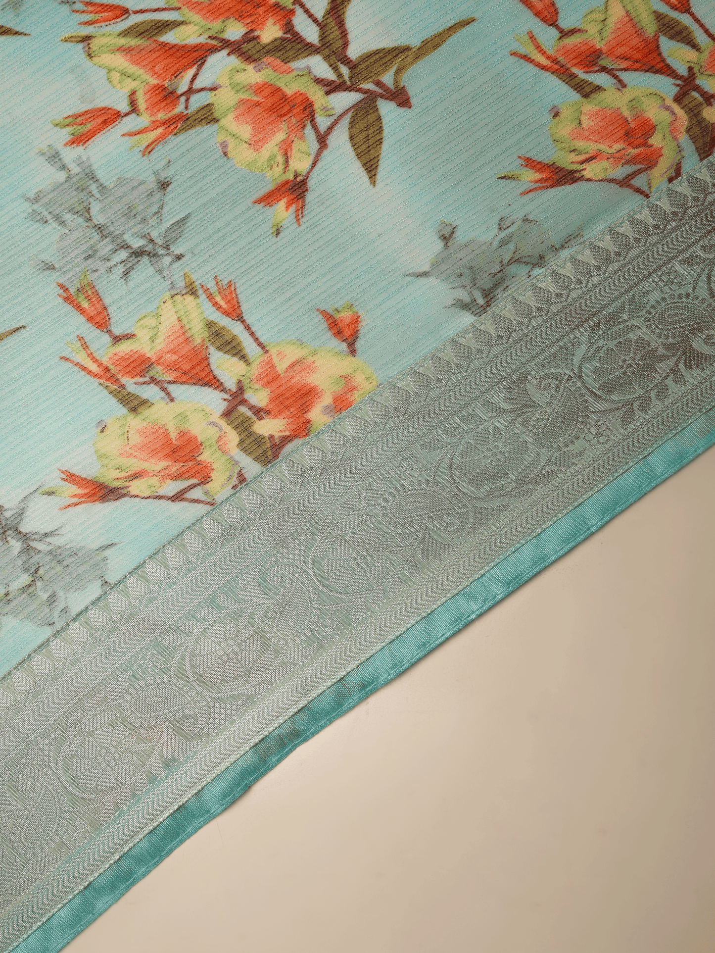 Chiffon Floral Turquoise Blue Saree