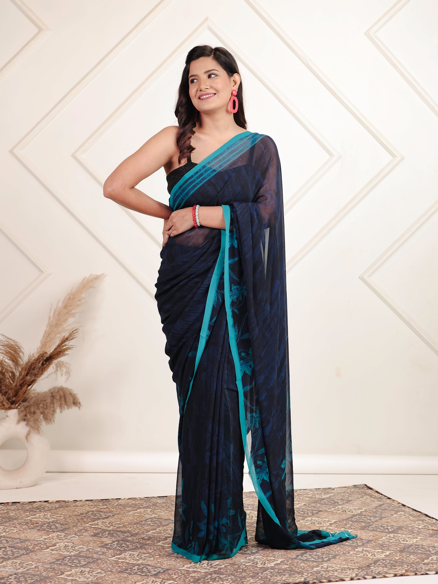 Georgette Digital Navy Blue Saree