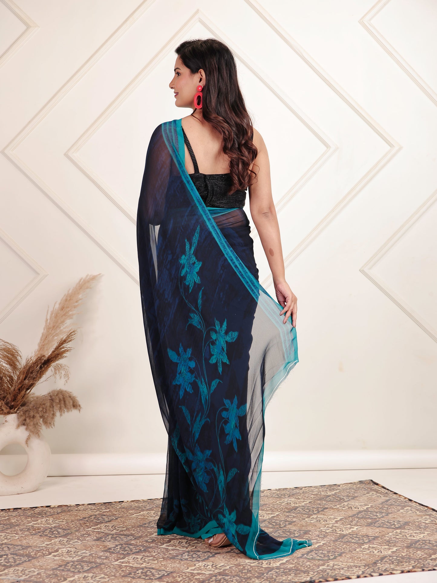 Georgette Digital Navy Blue Saree