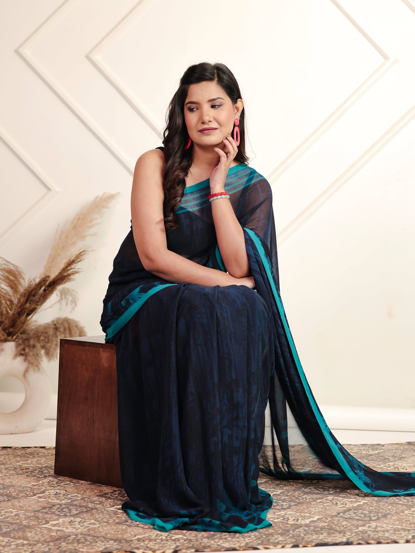 Georgette Digital Navy Blue Saree
