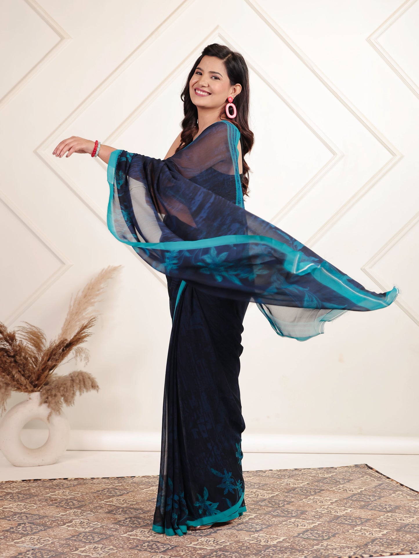Georgette Digital Navy Blue Saree