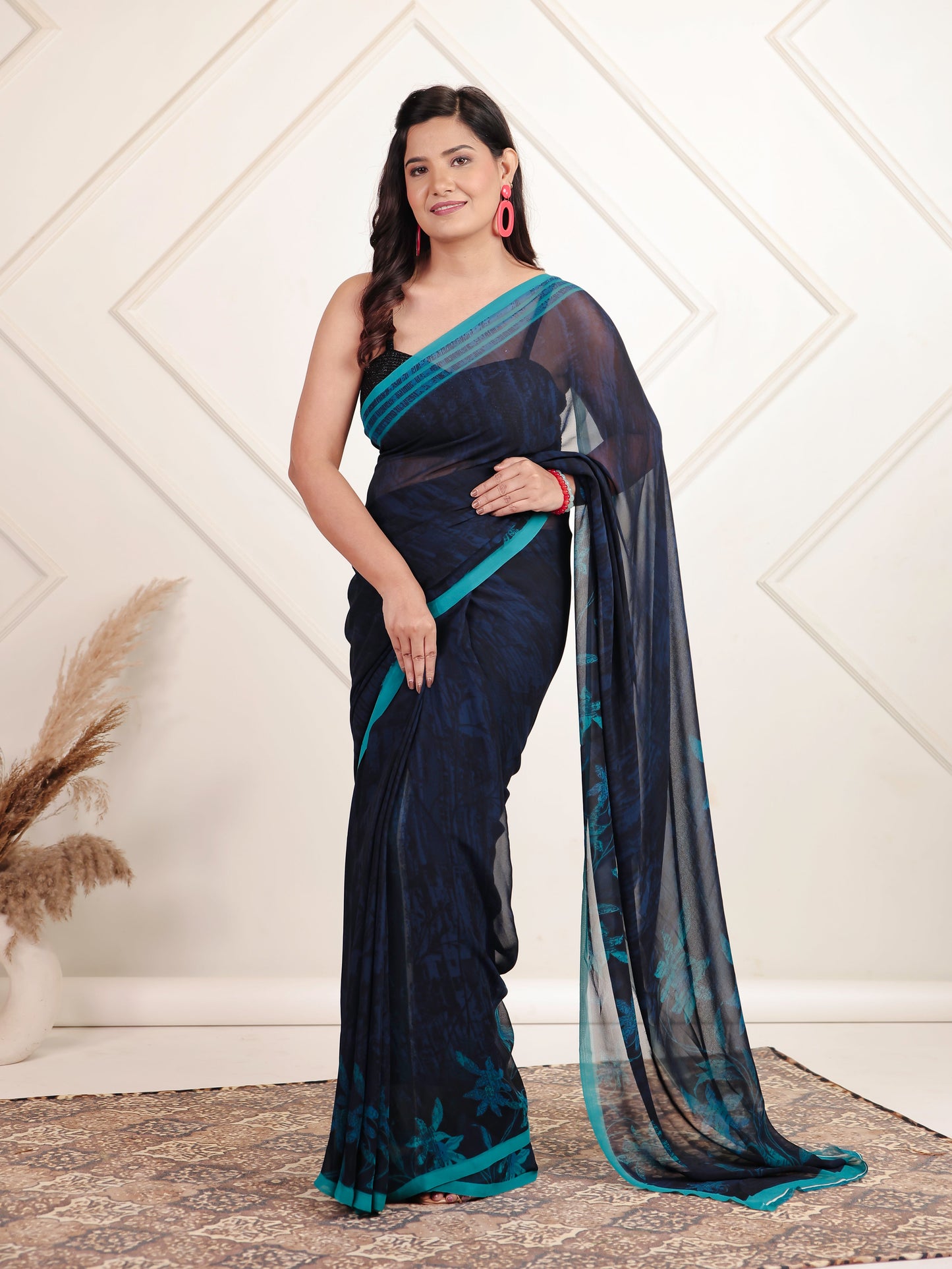 Georgette Digital Navy Blue Saree