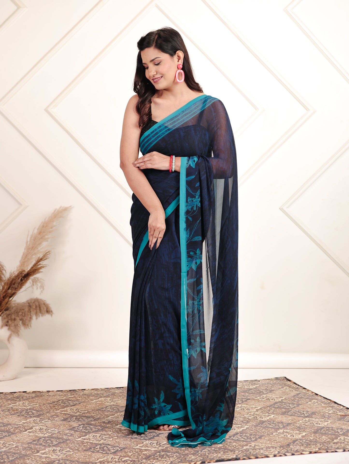 Georgette Digital Navy Blue Saree