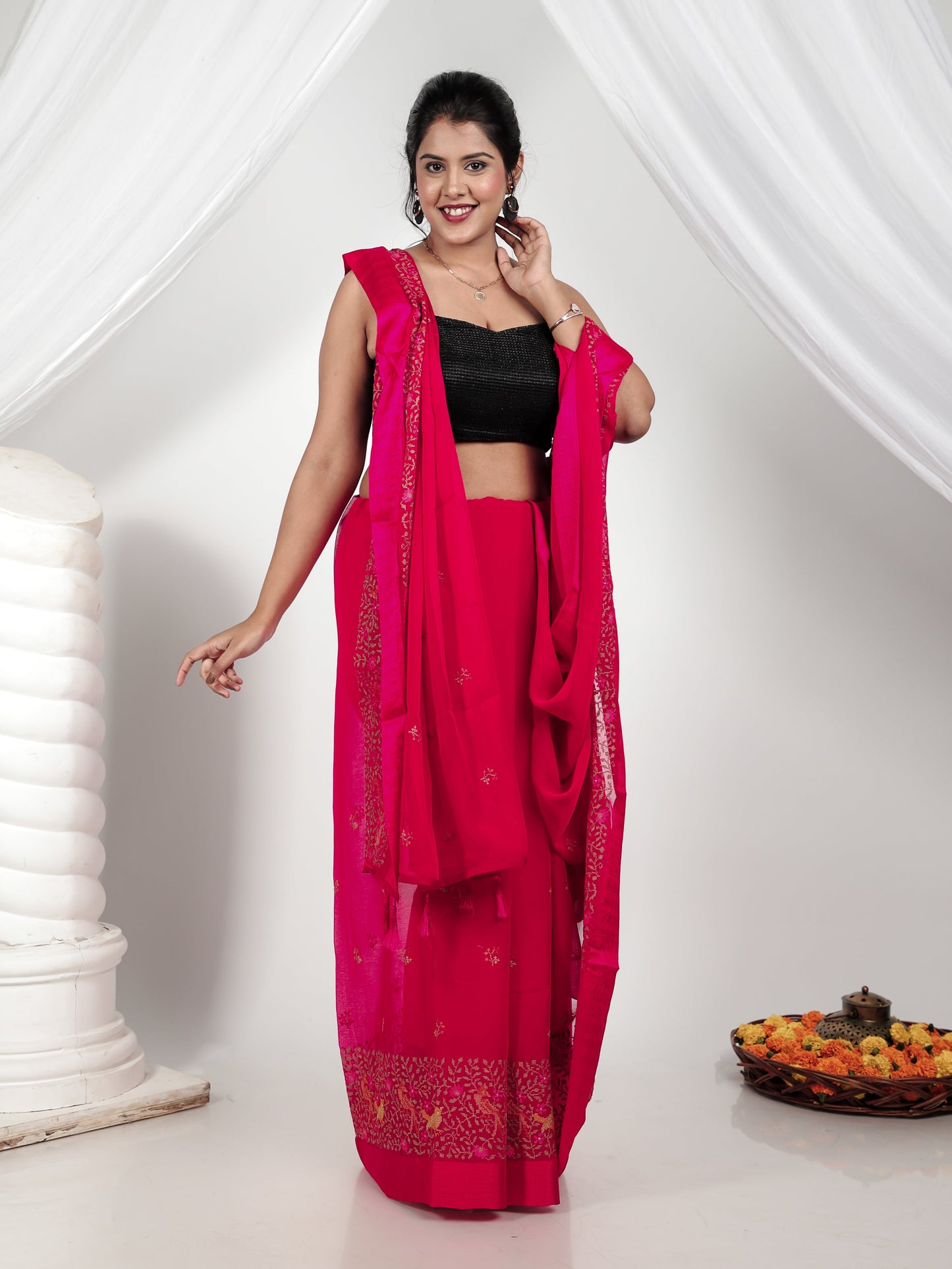 Embroidered Georgette Jacquard Pink Saree