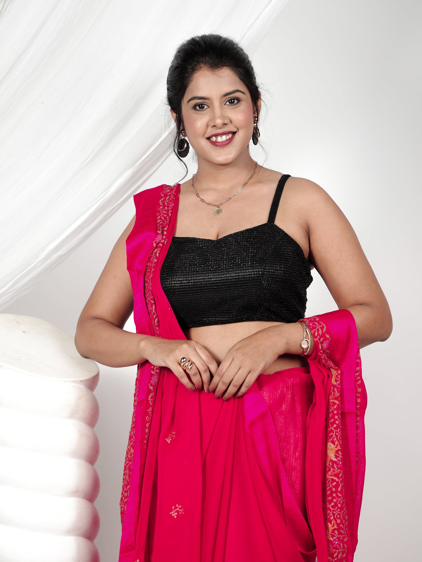 Embroidered Georgette Jacquard Pink Saree