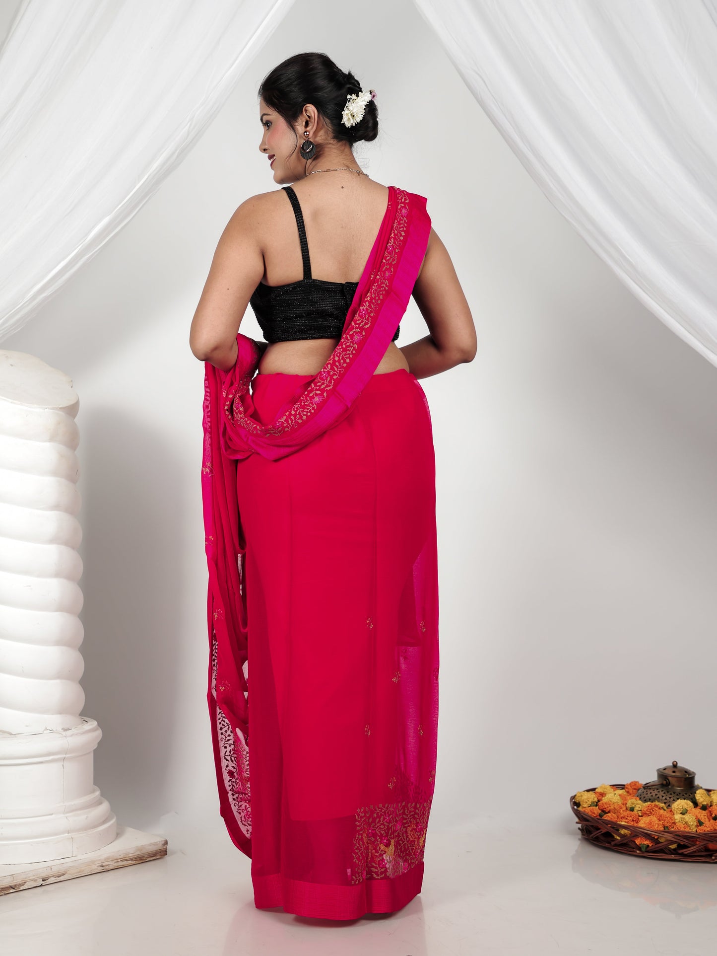 Embroidered Georgette Jacquard Pink Saree