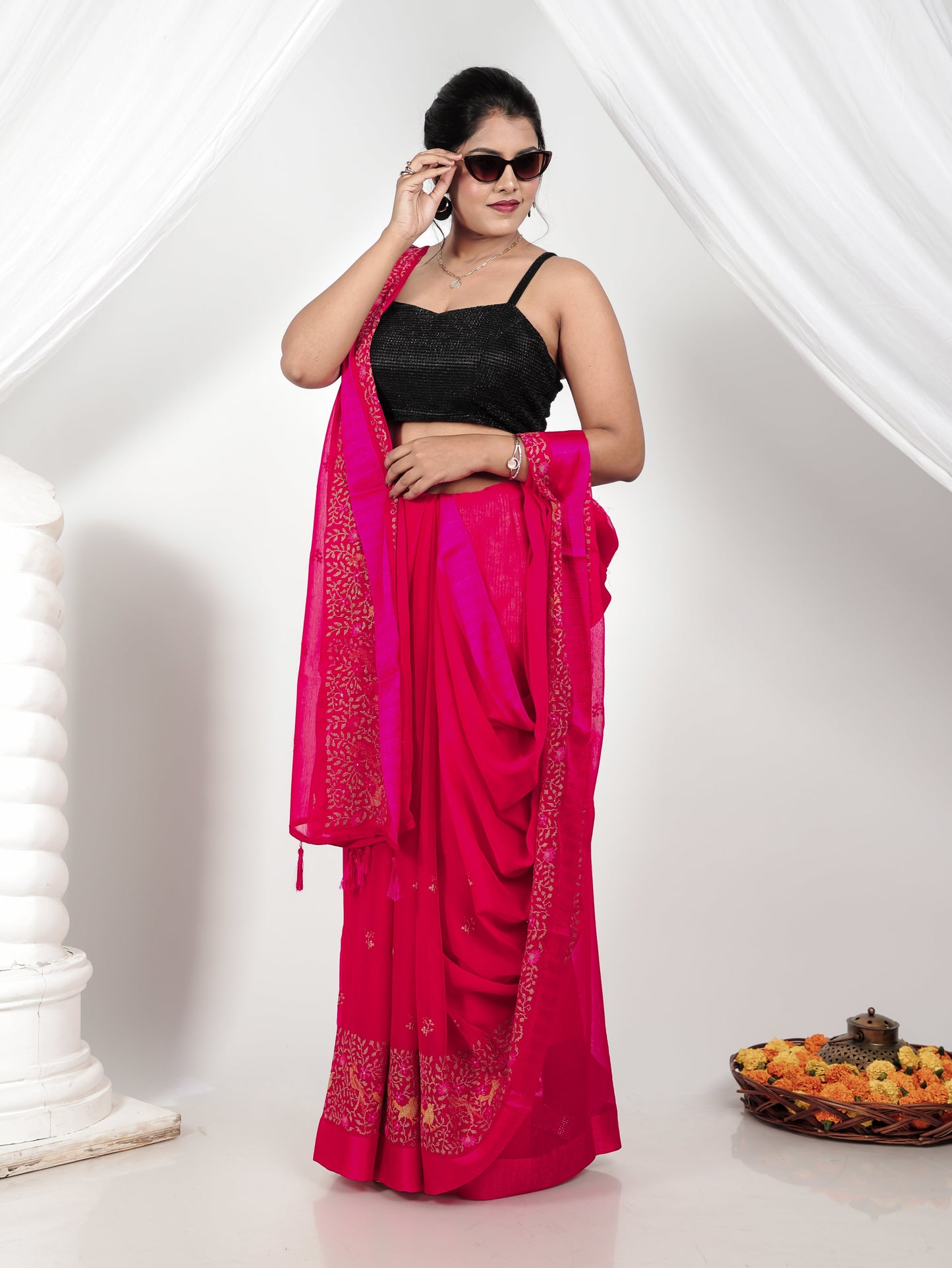 Embroidered Georgette Jacquard Pink Saree
