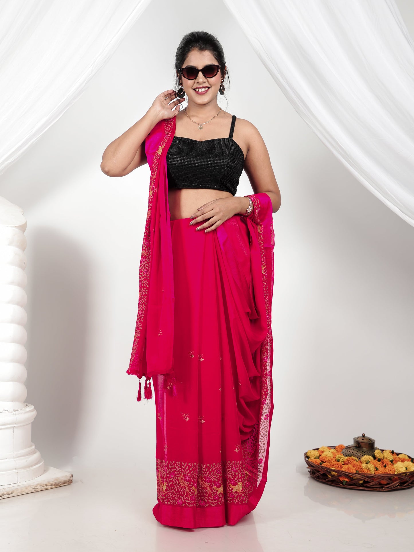 Embroidered Georgette Jacquard Pink Saree