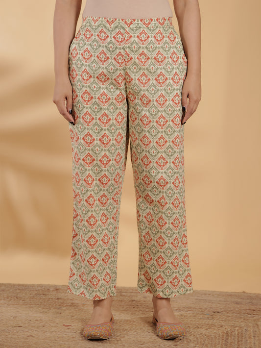 Soft Cotton Ikat Green Straight Trousers